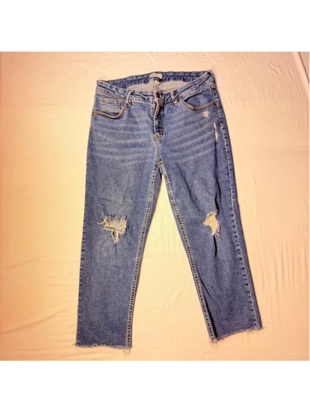 AVA & VIV Womens 14W Distressed Cropped Straight Mom Jeans Raw Hem Plus Size